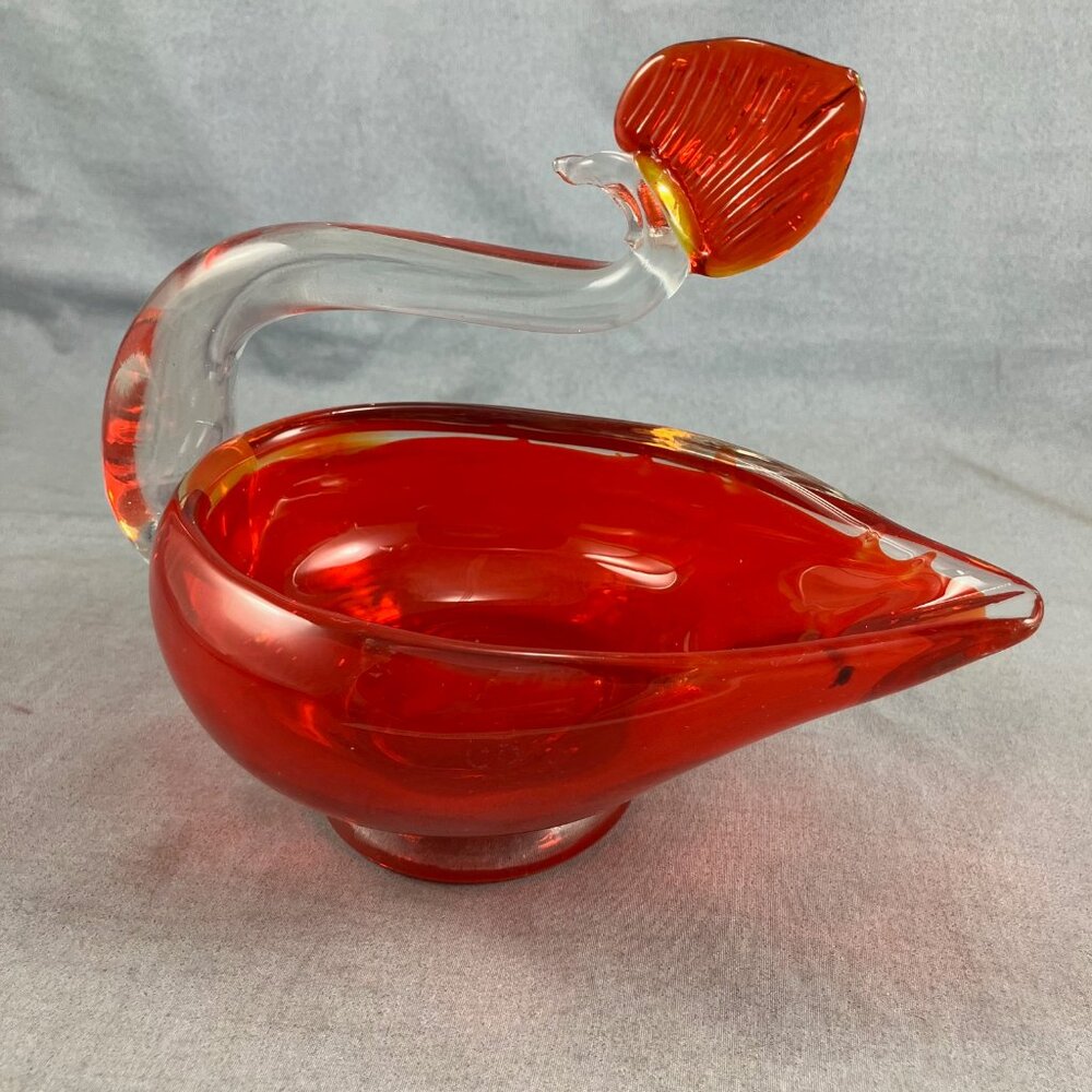 Vtg Red Handmade Blown Glass Red Peahen Trinket Soap Candy Nut Dish 7"